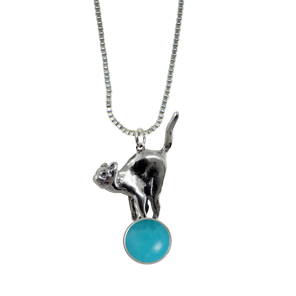 Sterling Silver Playful Kitty Cat About To Jump Pendant With Turquoise